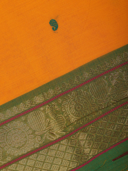 Vibrant Yellow Scattered Green Motifs Cotton Saree - Diadem