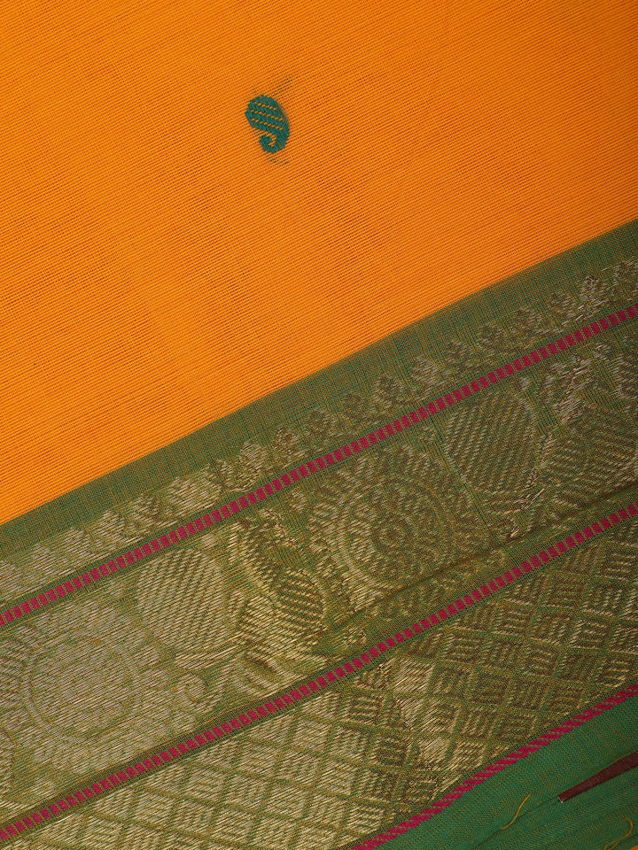 Vibrant Yellow Scattered Green Motifs Cotton Saree - Diadem