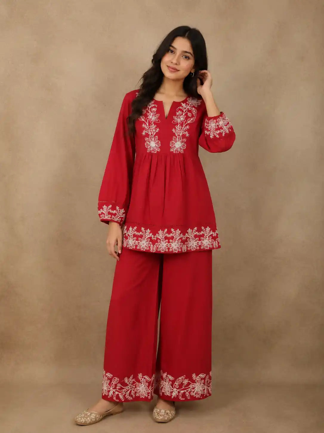 Vibrant Cherry Red Floral Thread Embroidered Design Cotton Co-ord Set