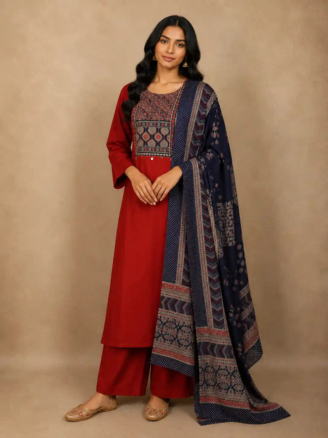 Vibrant Crimson Red Ajrakh Printed Design Cotton Palazzo Suit with Dupatta