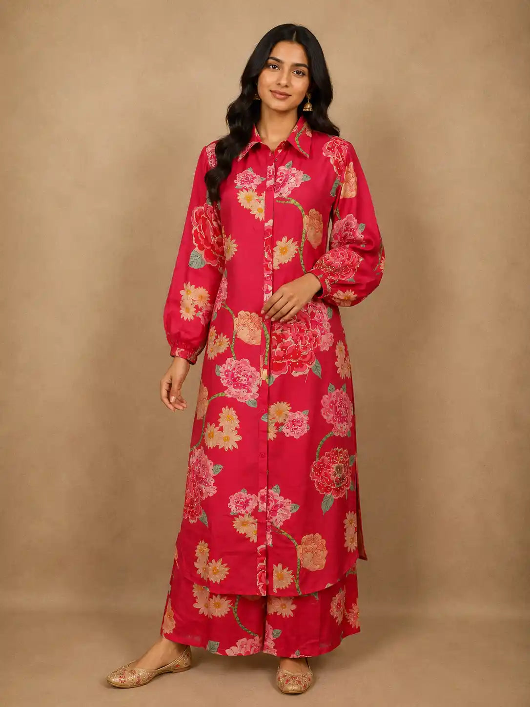 Vibrant Hot Pink Floral Printed Design Cotton Palazzo Suit
