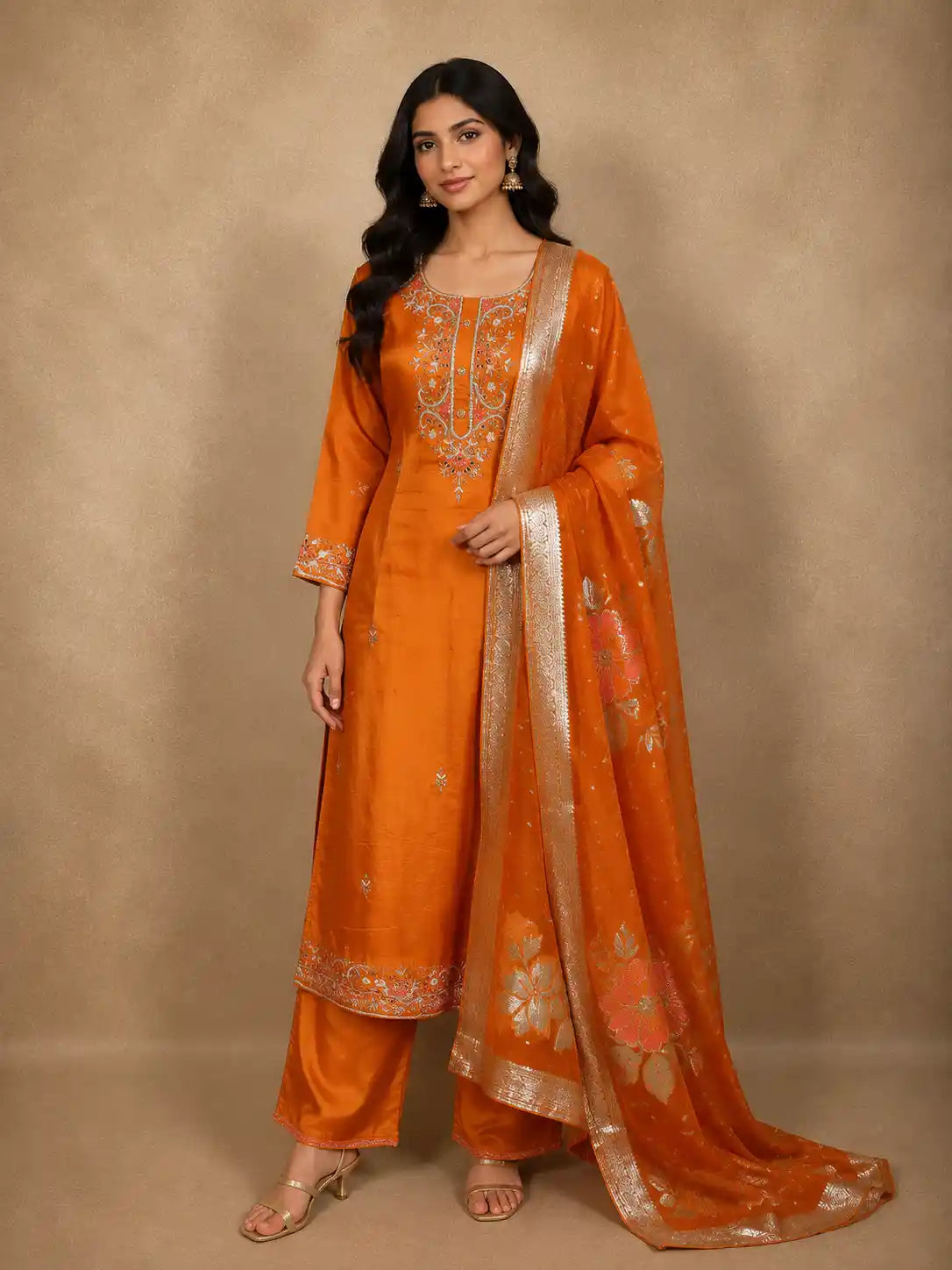 Vibrant Marigold Orange Floral Beads Embroidered Design Tissue Silk Salwar Suit