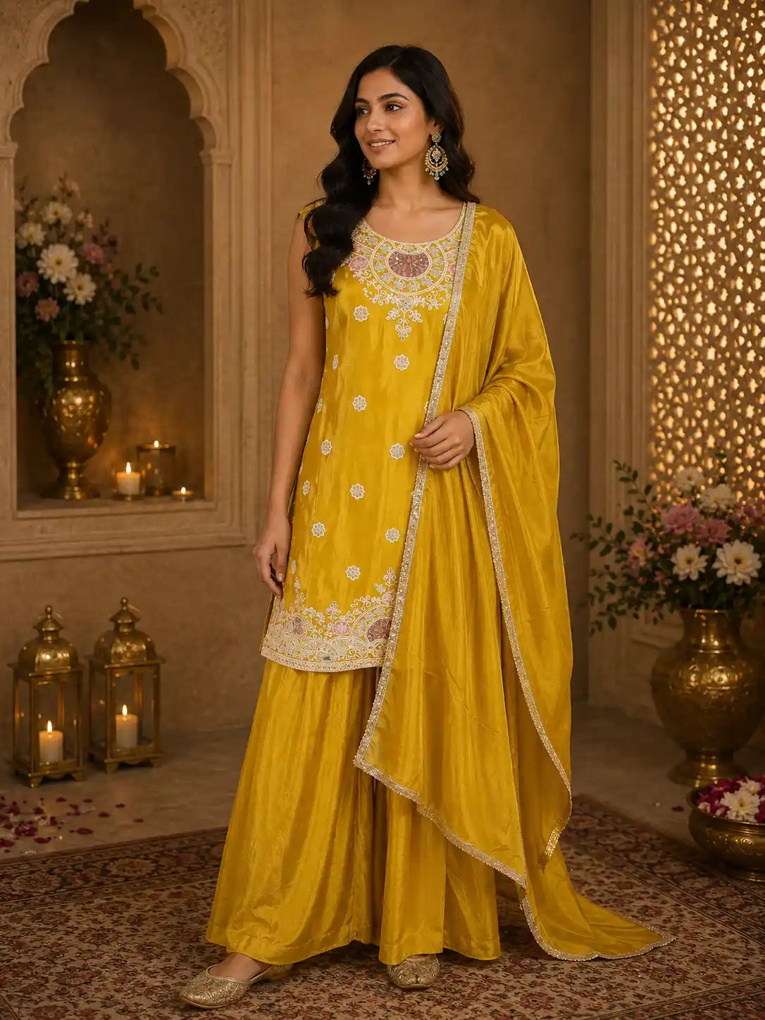 Vibrant Marigold Yellow Floral Sequins and Beads Embroidered Design Georgette Palazzo Suit with Dupatta