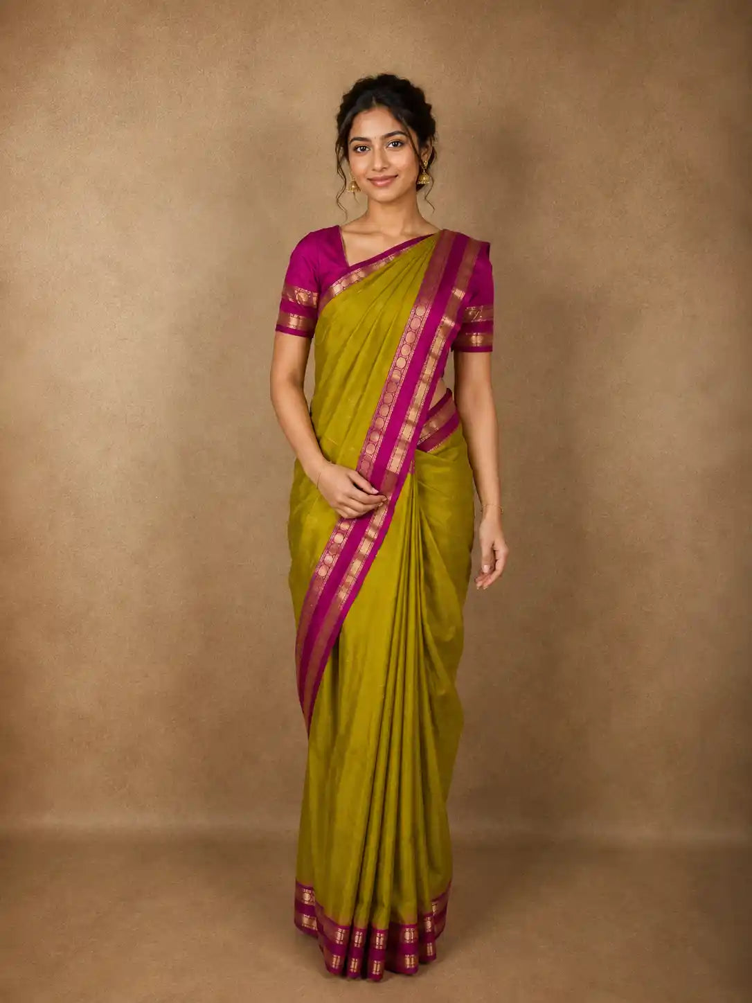Vibrant Mustard Green Butta Zari Woven Design Pure Kanchipuram Silk Saree with Contrast Zari Border