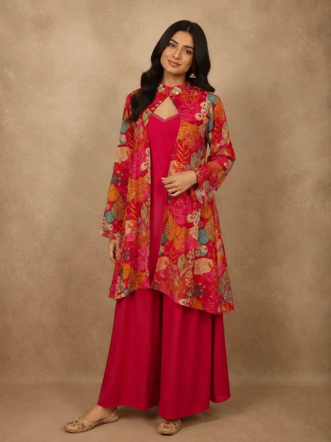 Vibrant Rani Pink Floral Printed Design Tussar Silk Plazzo Suit with Jacket
