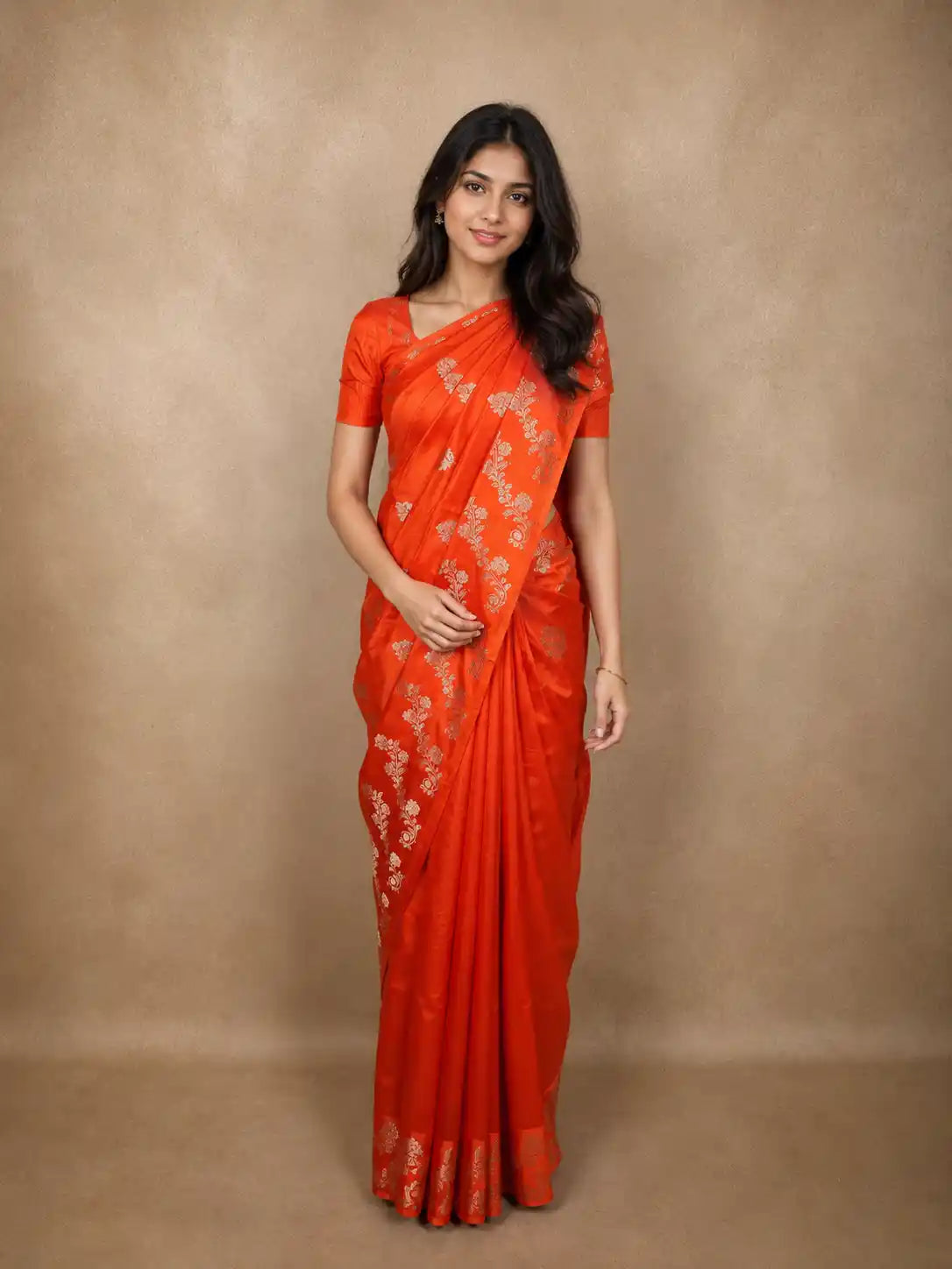 Vibrant Sunset Orange Floral Butta Zari Woven Design Pure Banarasi Silk Saree with Floral Zari  Border