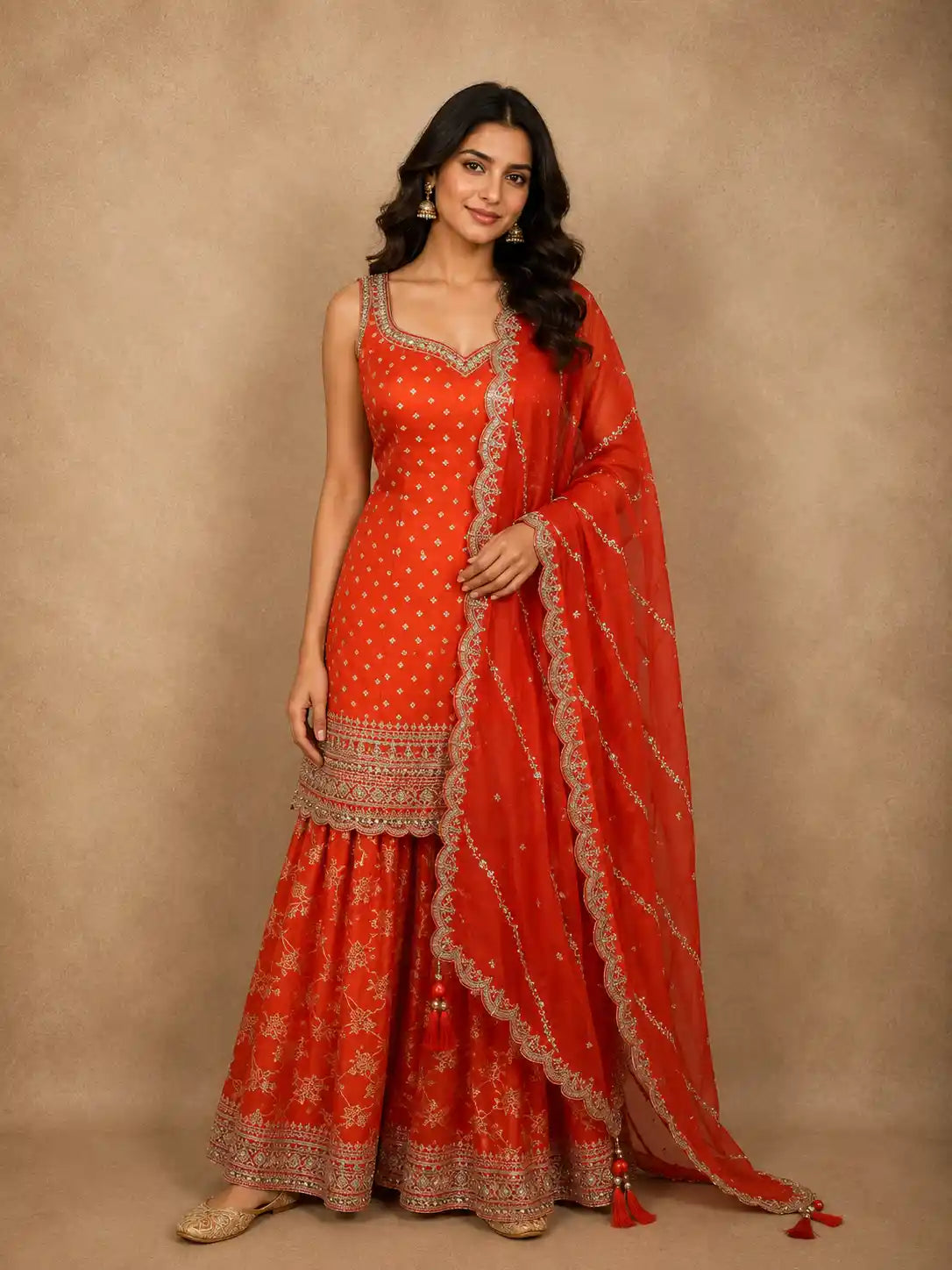 Vibrant Vermilion Orange Butta Zari Woven Design Banarasi Silk Palazzo Suit with Dupatta