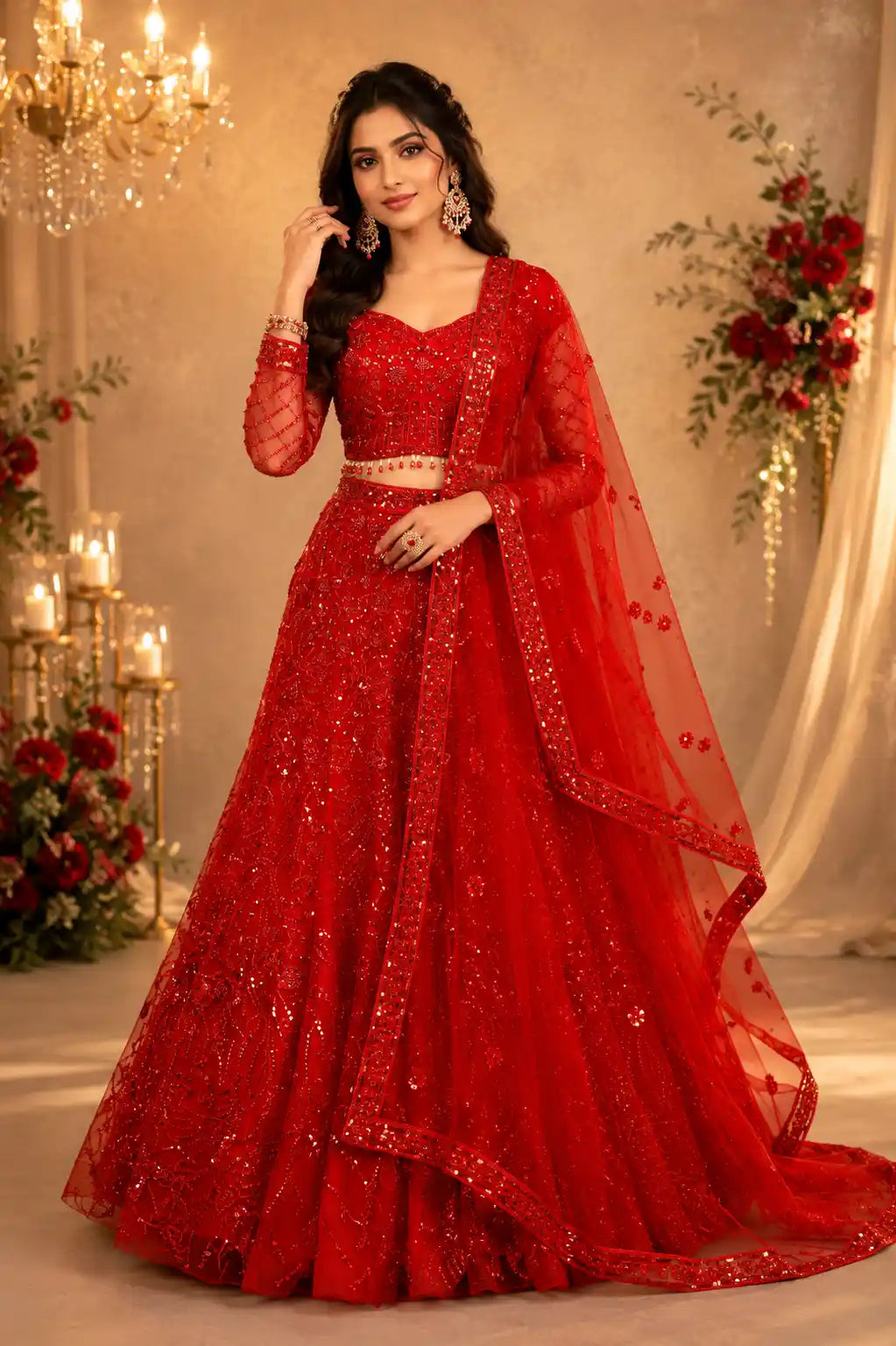 Vibrant Vermilion Red Floral Sequins and Beads Embroidered Design Net Mermaid Lehenga with Dupatta