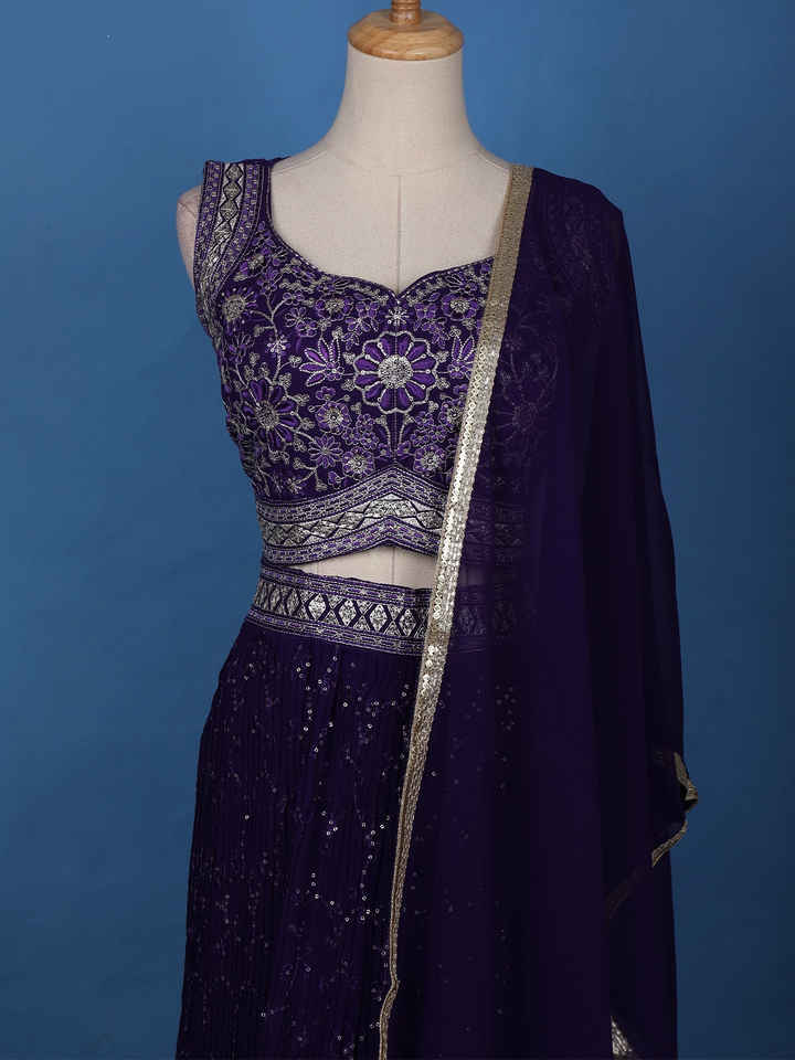 Violet Floral Embroidery Georgette Lehenga - Diadem