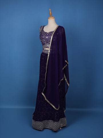Violet Floral Embroidery Georgette Lehenga - Diadem