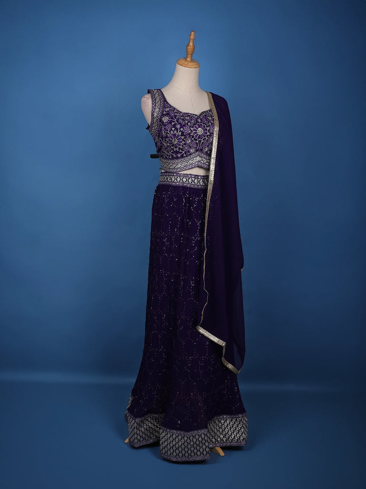 Violet Floral Embroidery Georgette Lehenga - Diadem