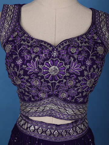 Violet Floral Embroidery Georgette Lehenga - Diadem