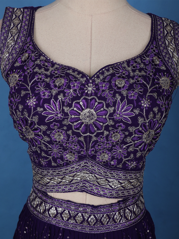Violet Floral Embroidery Georgette Lehenga - Diadem