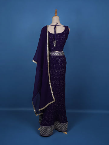 Violet Floral Embroidery Georgette Lehenga - Diadem