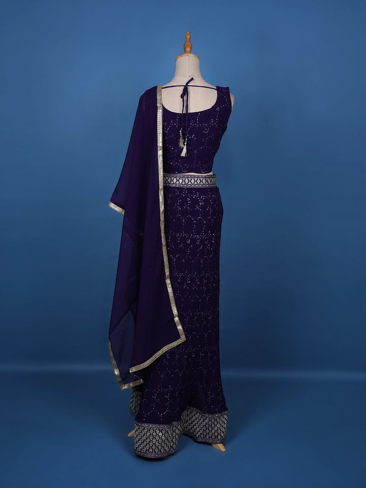 Violet Floral Embroidery Georgette Lehenga - Diadem
