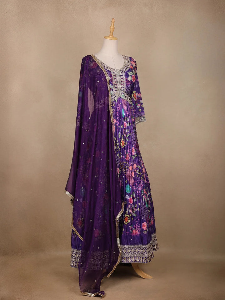 Violet Floral Printed Crepe Gown - Diadem