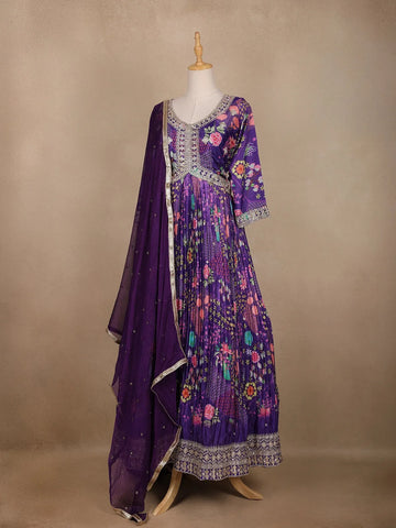 Violet Floral Printed Crepe Gown - Diadem