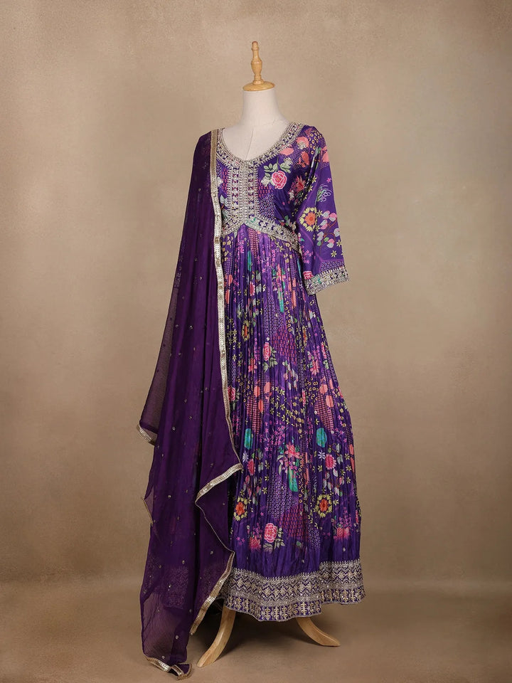Violet Floral Printed Crepe Gown - Diadem