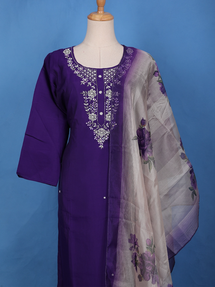 Violet Sequins Floral Printed Satin Salwar Suit - Diadem