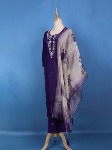 Violet Sequins Floral Printed Satin Salwar Suit - Diadem
