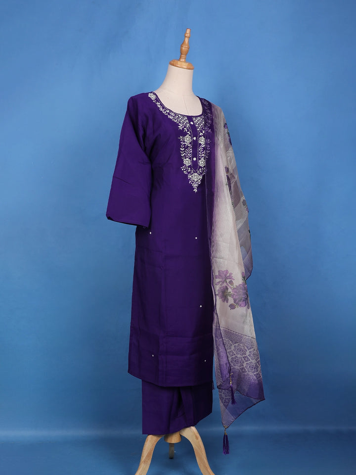 Violet Sequins Floral Printed Satin Salwar Suit - Diadem