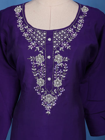 Violet Sequins Floral Printed Satin Salwar Suit - Diadem