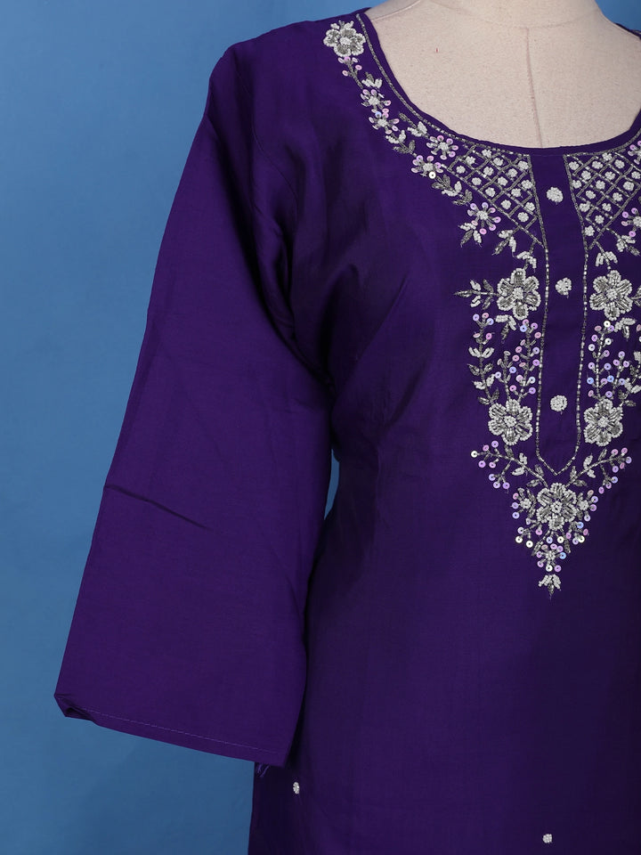 Violet Sequins Floral Printed Satin Salwar Suit - Diadem