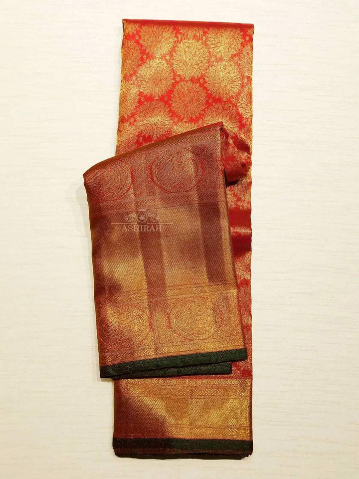 Dark Orange Pure Kanchipuram Bridal Silk Saree with Design Motif on the Body and Peacock Motifs Zari Border - Diadem