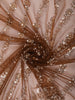 Warm Chocolate Brown Vertical Striped Sequins and  Beads Embroidered Design Net Party Wear Saree with Scalloped Border