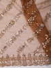 Warm Chocolate Brown Vertical Striped Sequins and  Beads Embroidered Design Net Party Wear Saree with Scalloped Border