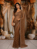 Warm Chocolate Brown Vertical Striped Sequins and  Beads Embroidered Design Net Party Wear Saree with Scalloped Border