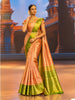 Warm Orange Floral Zari Woven Design Pure Kanchipuram Silk Bridal Saree with Contrast Green Zari Border