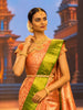 Warm Orange Floral Zari Woven Design Pure Kanchipuram Silk Bridal Saree with Contrast Green Zari Border