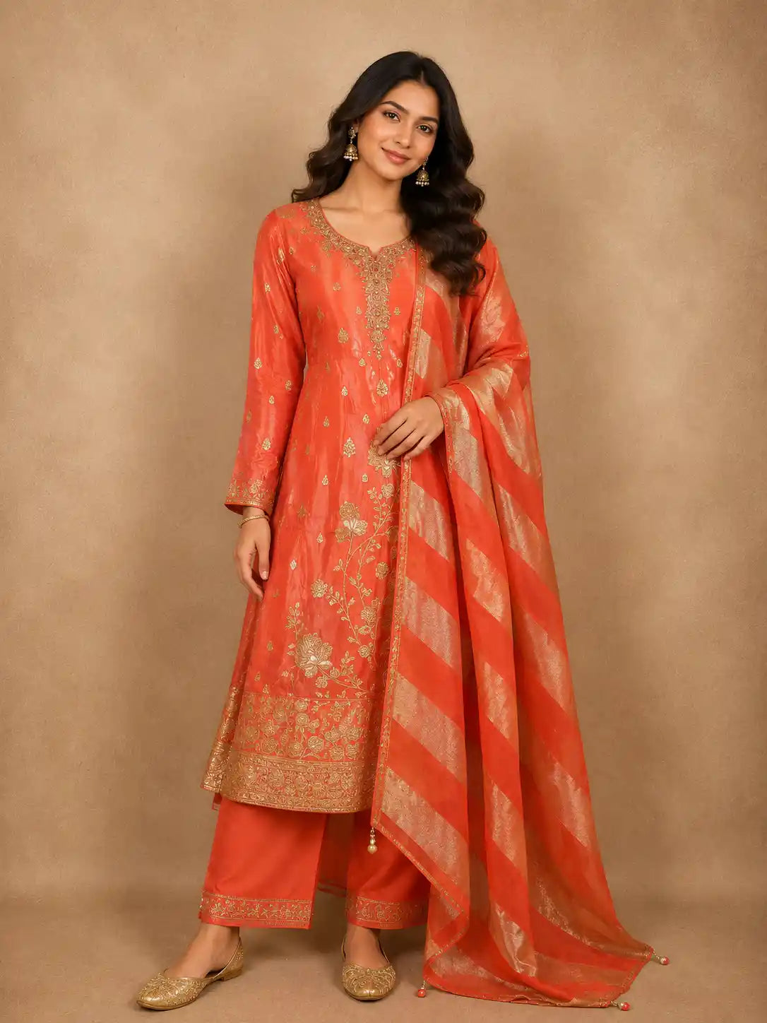 Warm Burnt Coral Orange Floral Zari Embroidered Design Crepe Silk Salwar Suit with Dupatta