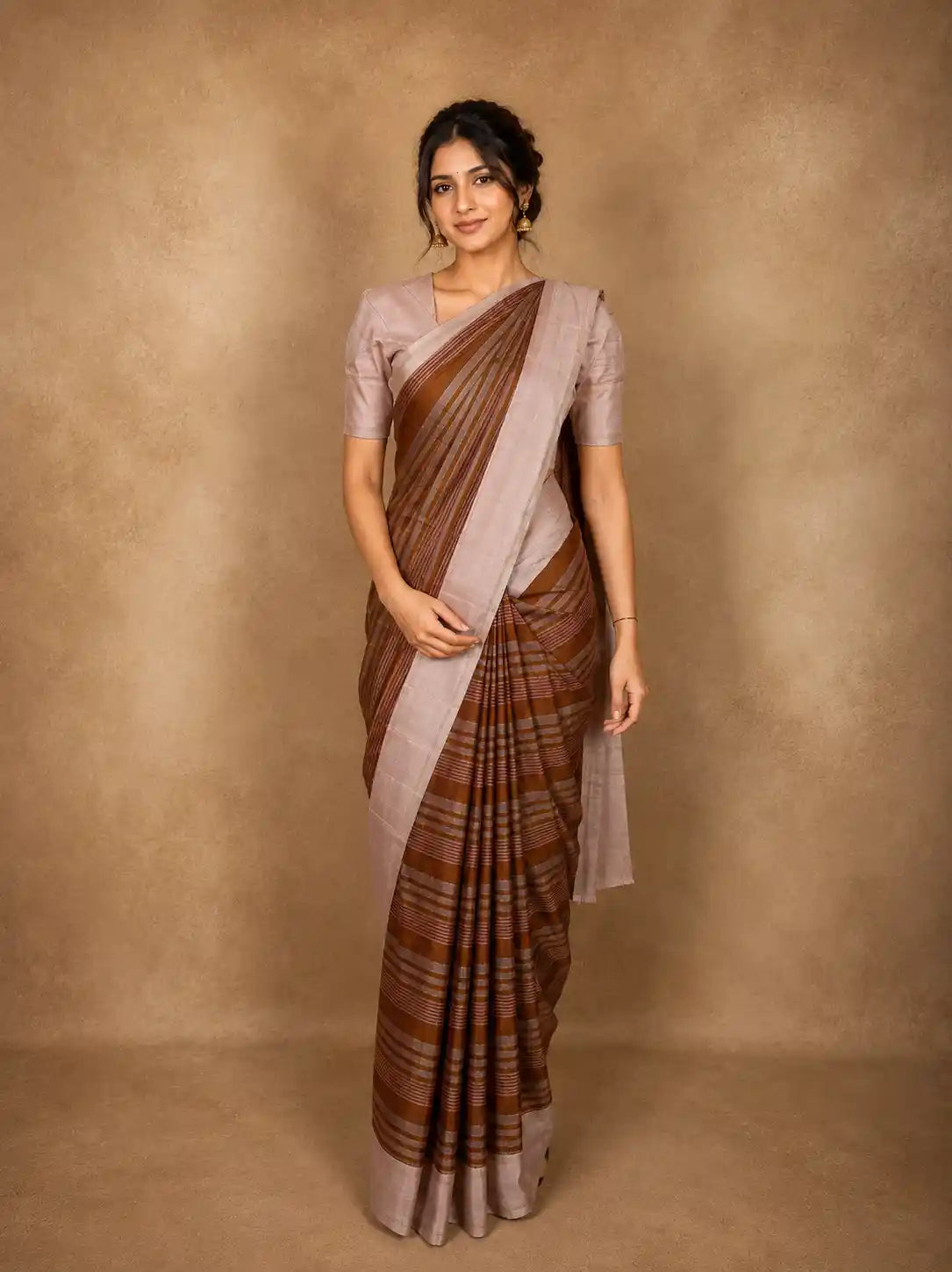 Warm Cinnamon Brown and Soft Ivory Cream Striped Woven Design Pure Kanchipuram Silk Saree with Zari Border