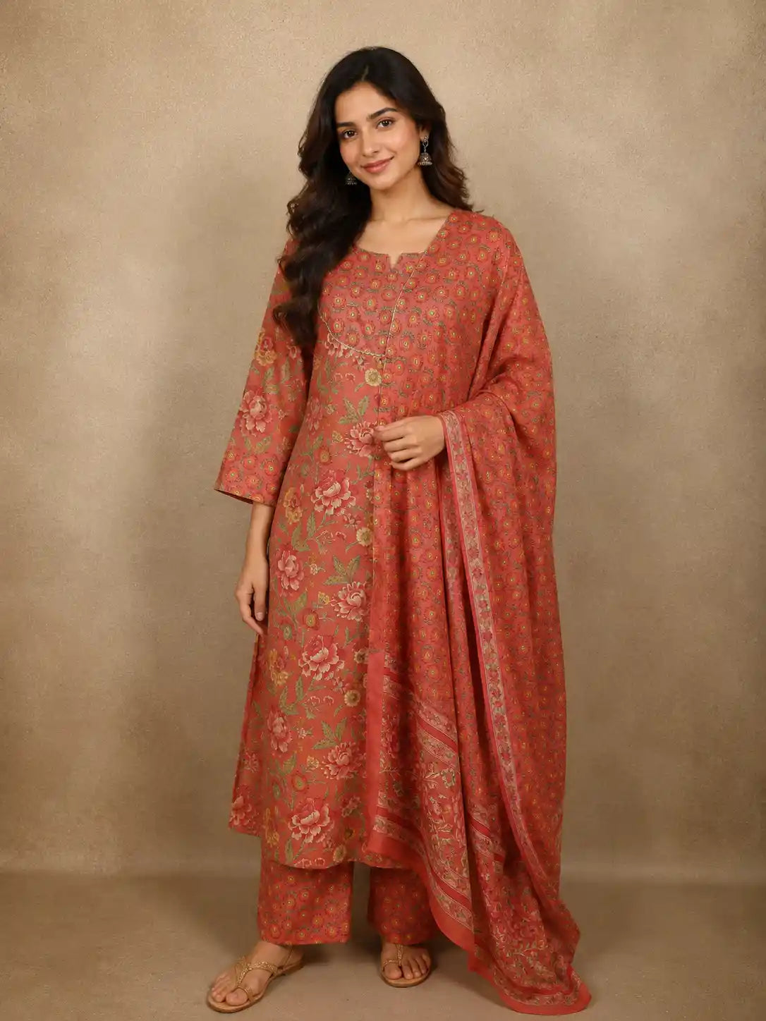 Warm Coral Orange Floral Printed Design Cotton Salwar Suit with Dupatta