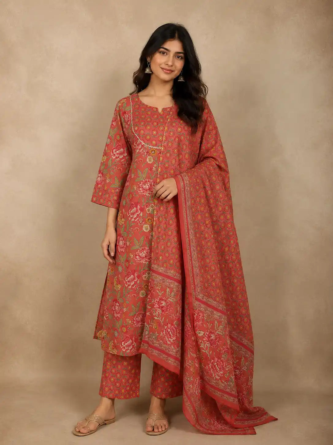 Warm Coral Red Floral Printed Design Cotton Salwar Suit with Dupatta
