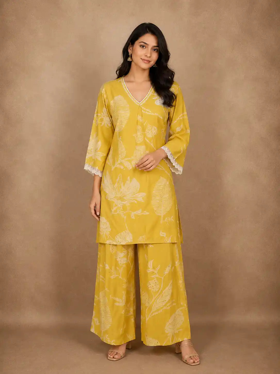 Warm Mustard Yellow Floral Printed Design Cotton Co-ord Set