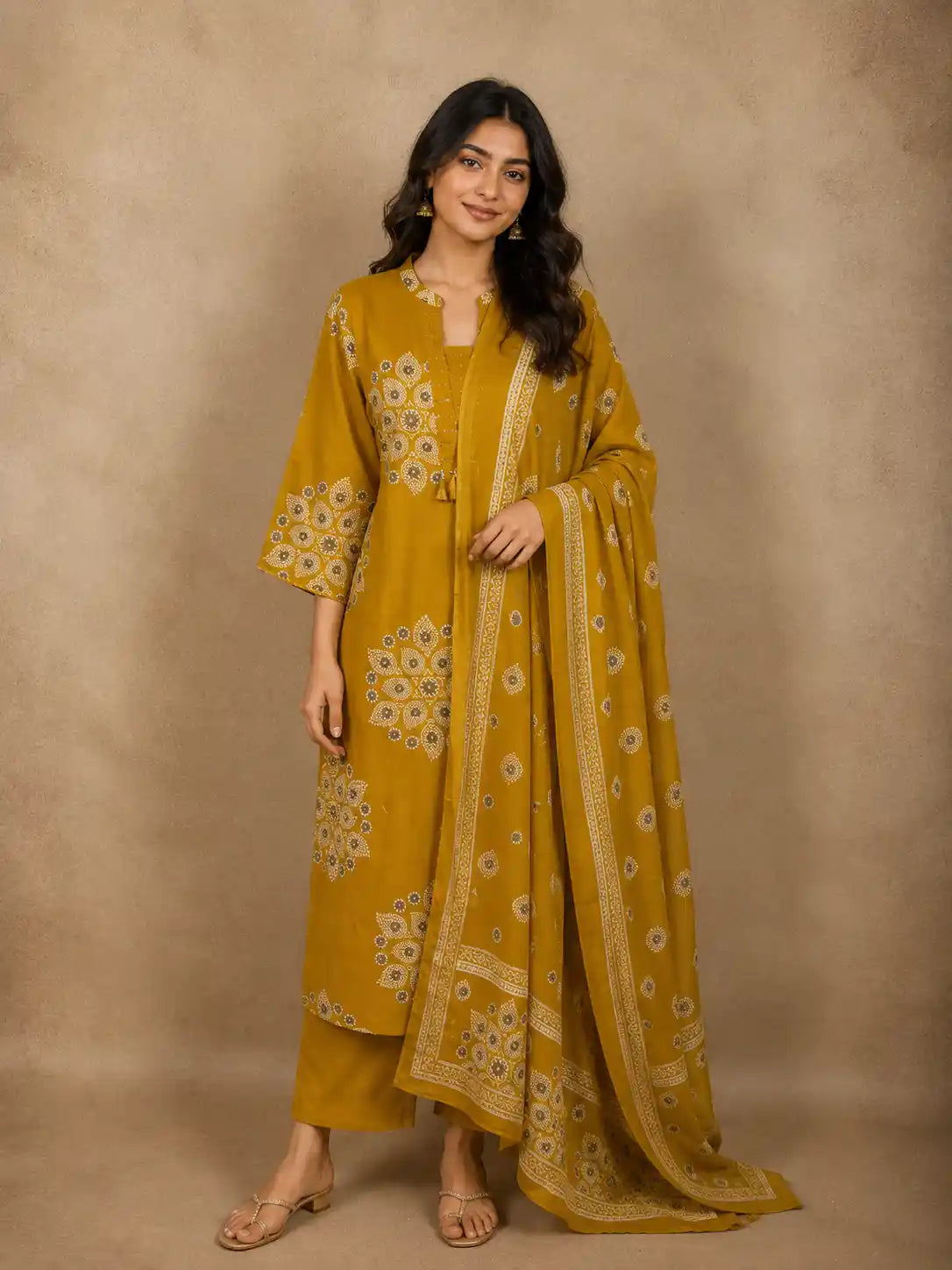 Warm Mustard Yellow Floral Printed Design Cotton Salwar Suit with Dupatta