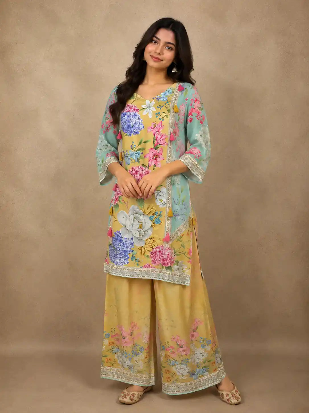 Warm Mustard Yellow Floral Printed Design Synthetic Palazzo Suit