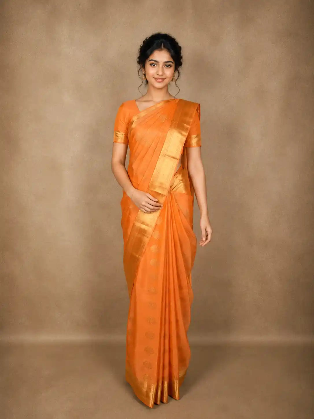 Warm Orange Floral Butta Woven Design Pure Kanchipuram Silk Saree