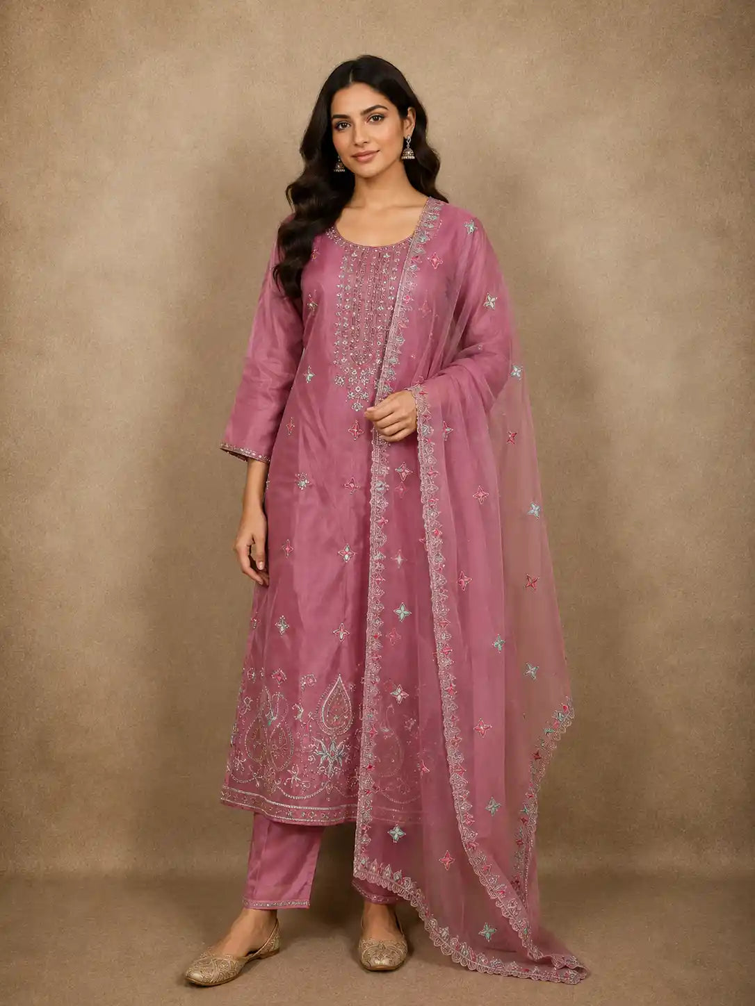 Warm Rosewood Pink Floral Sequins and Beads Embroidered Design Organza Salwar Suit