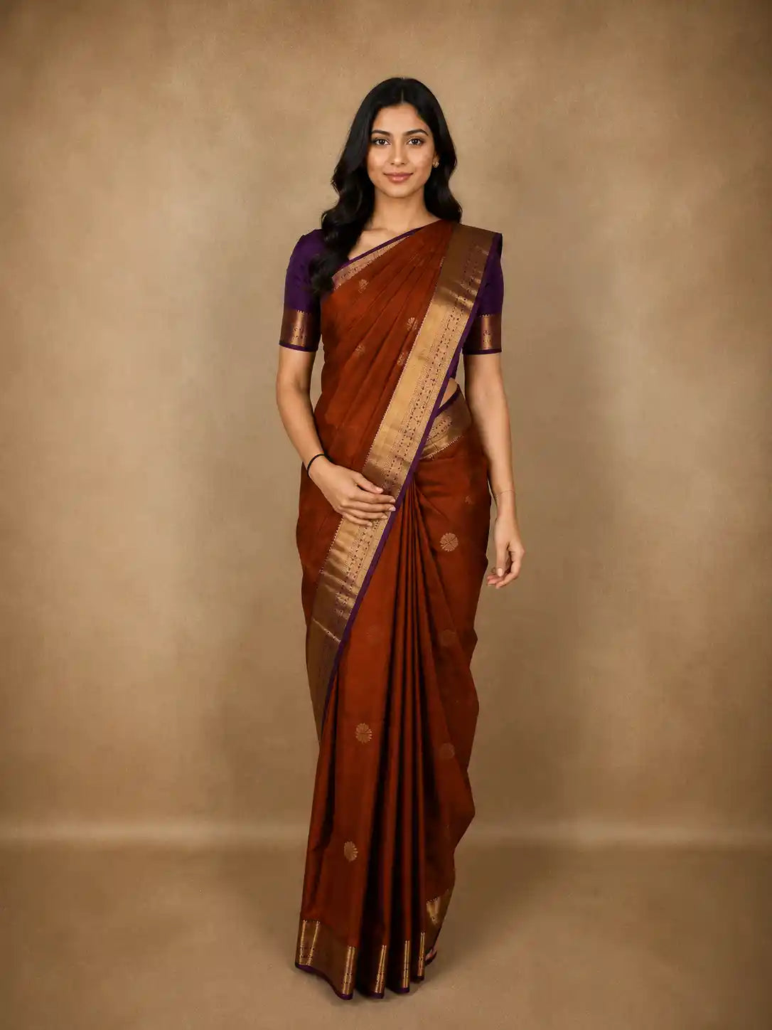 Warm Rust Brown Butta Zari Woven Design Pure Kanchipuram Silk Saree with Contrast Border