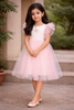Light Pink Net Frock with Ruffle Sleeves and Attached Bow