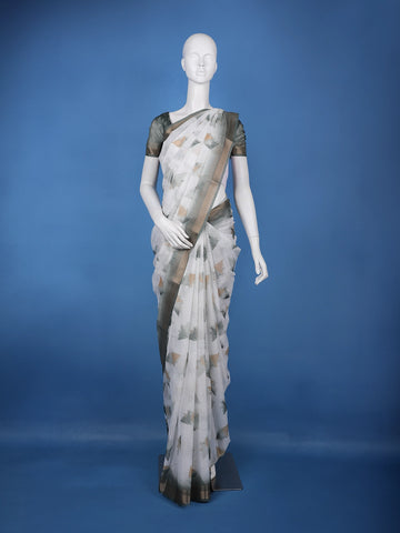 White Abstract Printed Chiffon Saree - Diadem