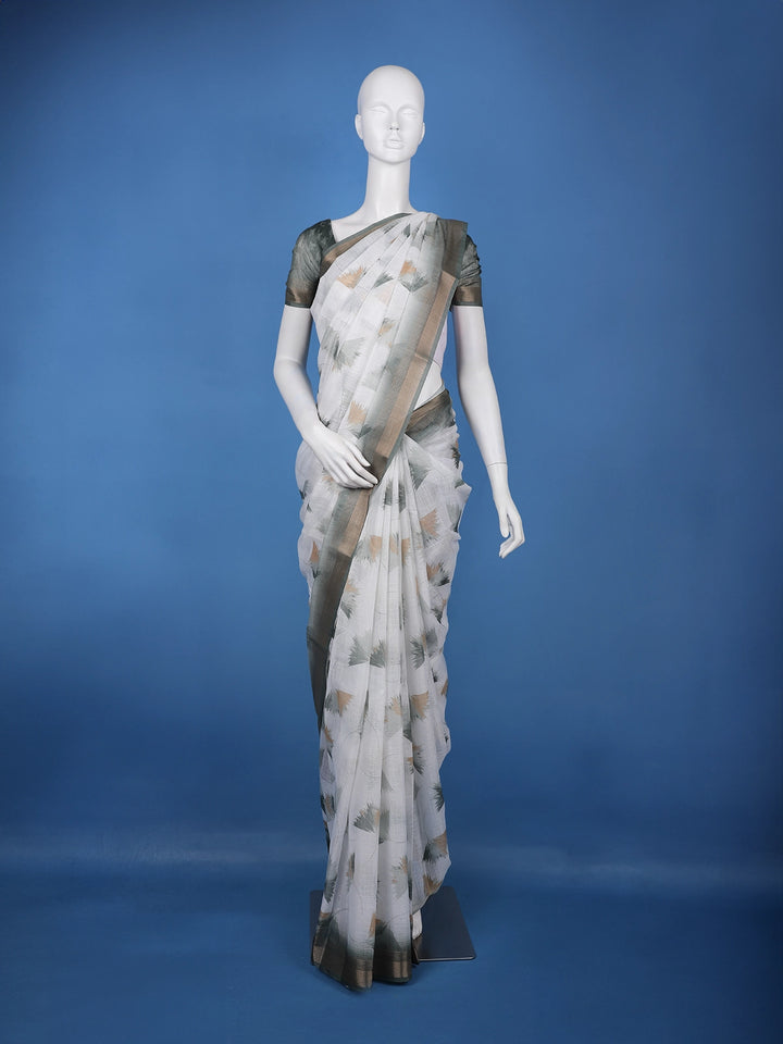 White Abstract Printed Chiffon Saree - Diadem