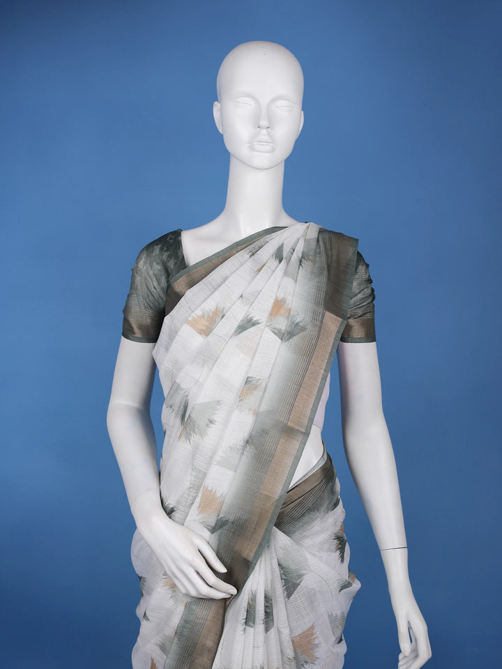 White Abstract Printed Chiffon Saree - Diadem