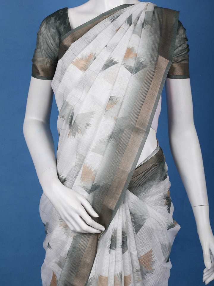 White Abstract Printed Chiffon Saree - Diadem