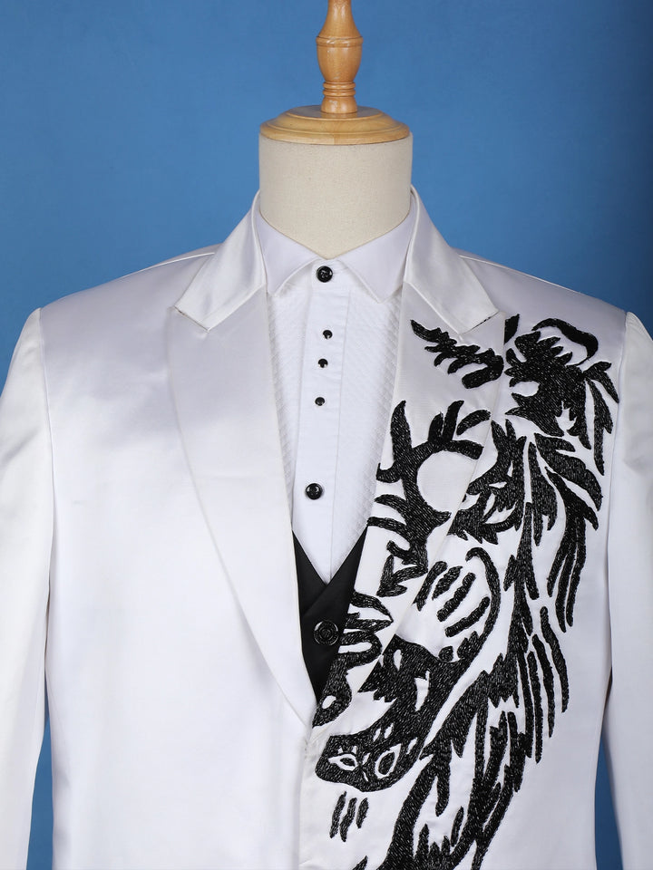 White Beaded Embroidery Satin Men's Suit - Diadem