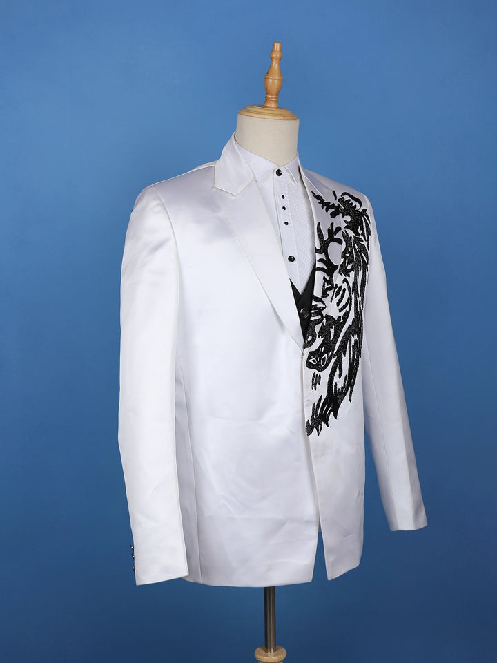 White Beaded Embroidery Satin Men's Suit - Diadem